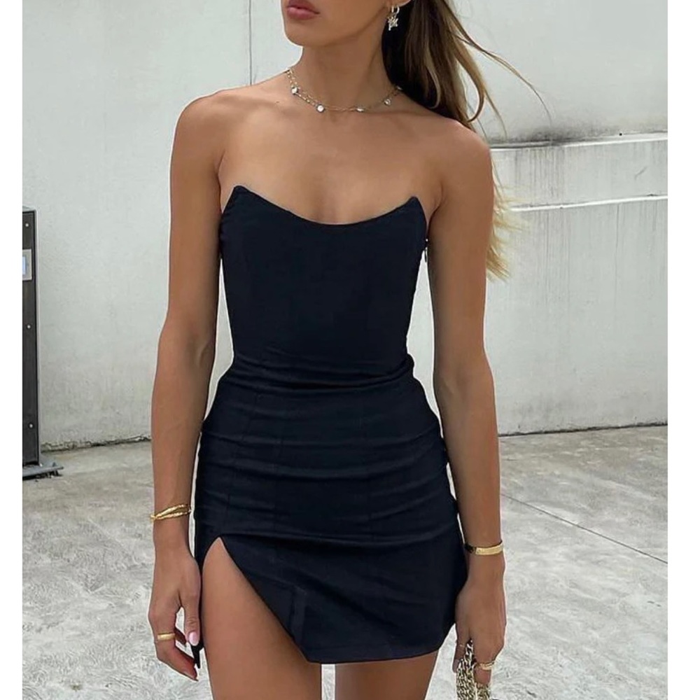 White fox black mini dress with slit